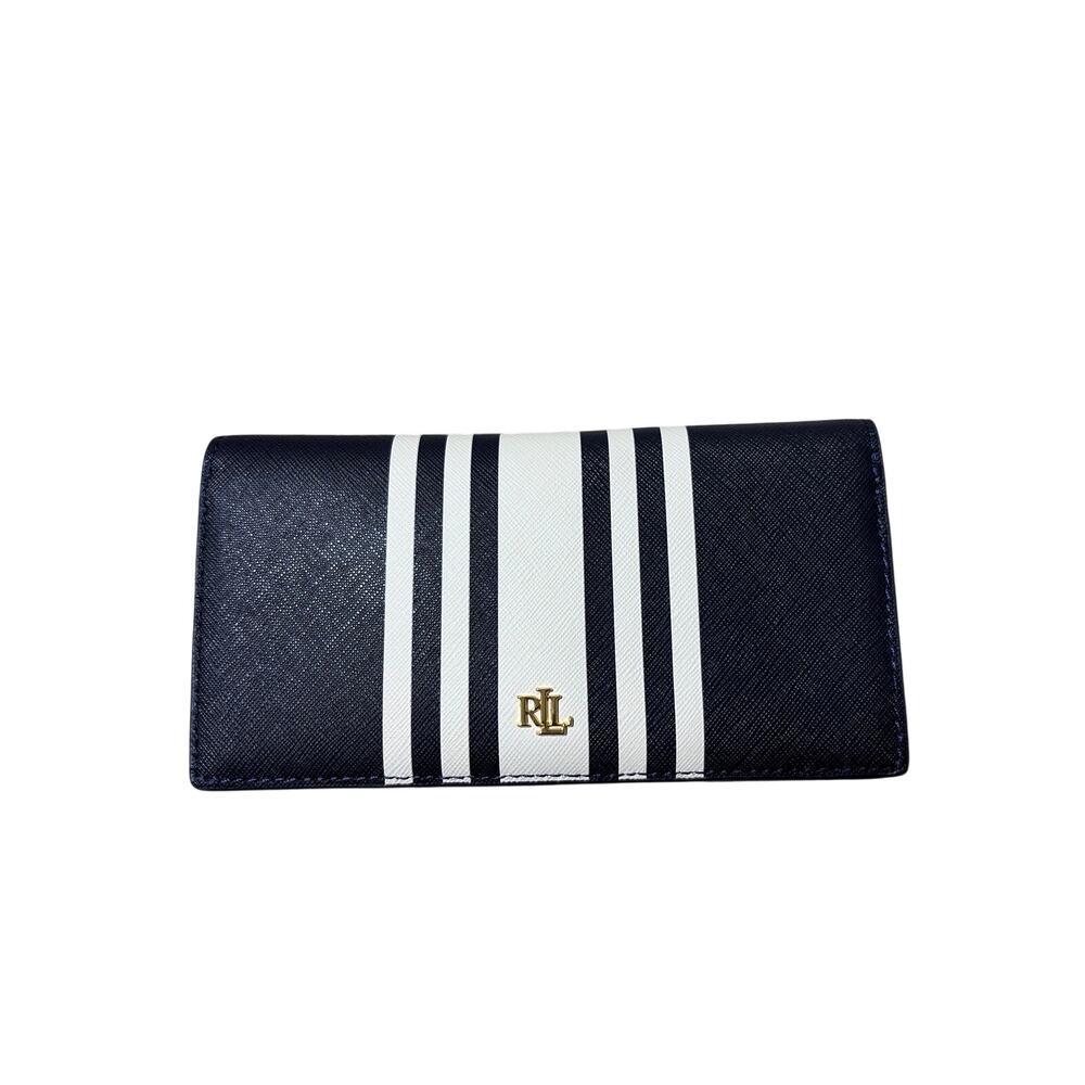 Lauren Ralph Lauren Navy Vanilla Stripe Crosshatch Leather Slim Wallet EUC